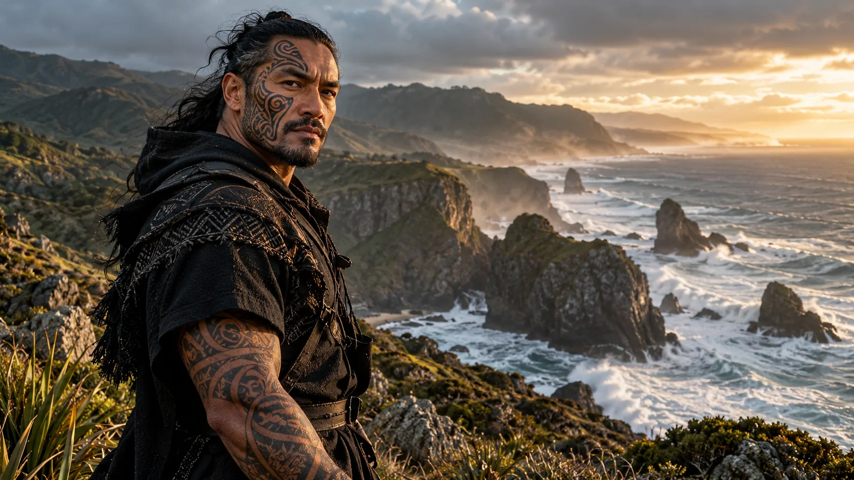 A man with a facial tattoo (moko) in front of a rocky coast and the ocean