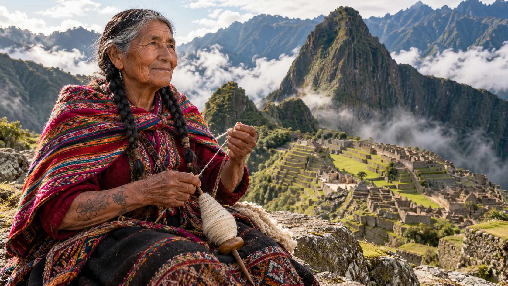 Une femme âgée filant la laine devant le Machu Picchu