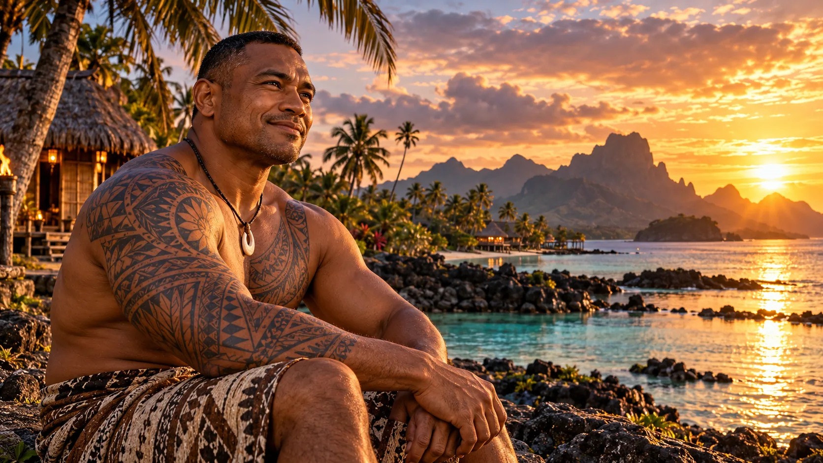 A tattooed man sitting in front of a lagoon, palm trees and a mountain at sunset