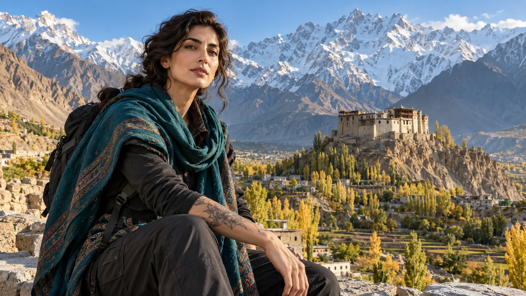 Une femme en châle turquoise devant un fort et des montagnes enneigées