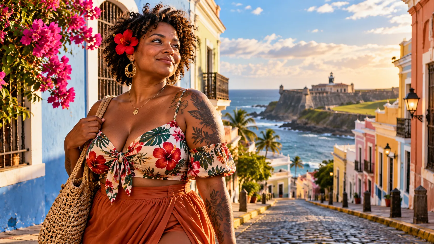 Une femme tatouée avec une fleur dans les cheveux dans une rue du Vieux San Juan
