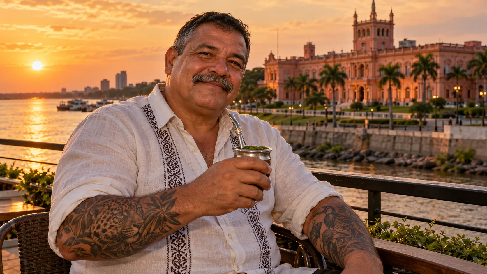 Un homme tatoué buvant du maté devant un palais au bord du fleuve, au coucher du soleil