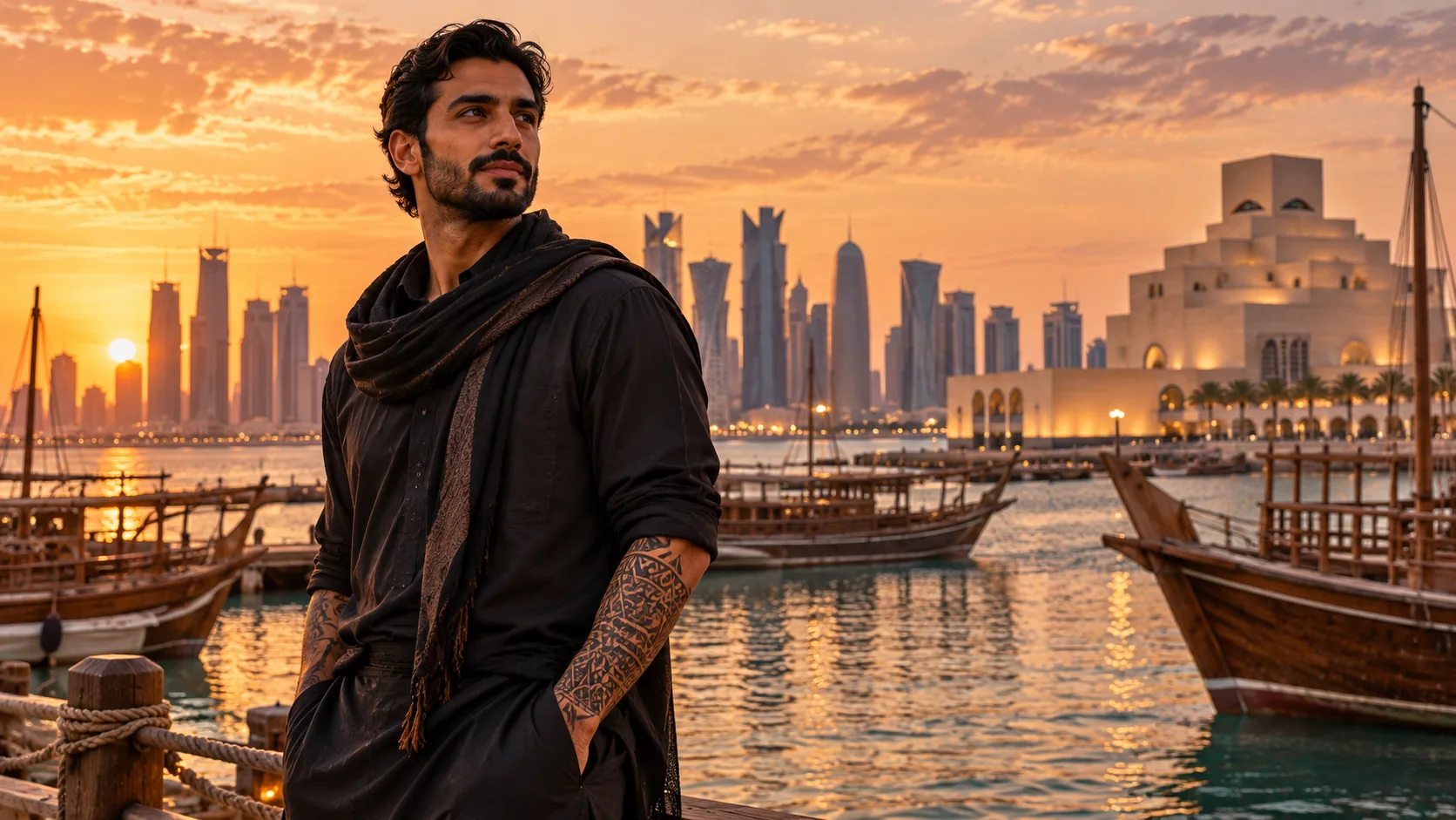 Un homme tatoué devant la baie de Doha, des boutres et la skyline, au coucher du soleil