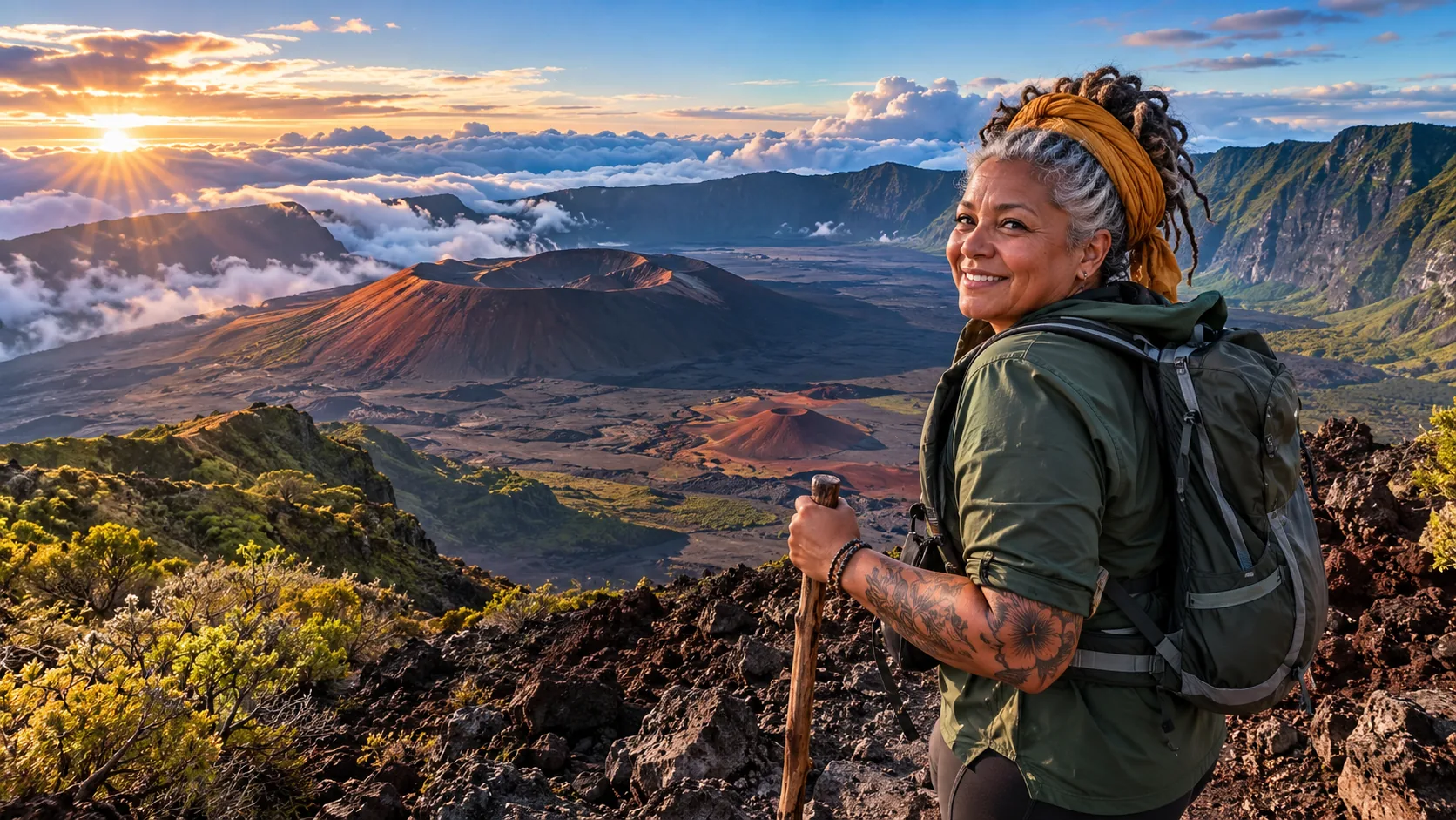 A tattooed woman hiker in front of the volcano and caldera of La Réunion