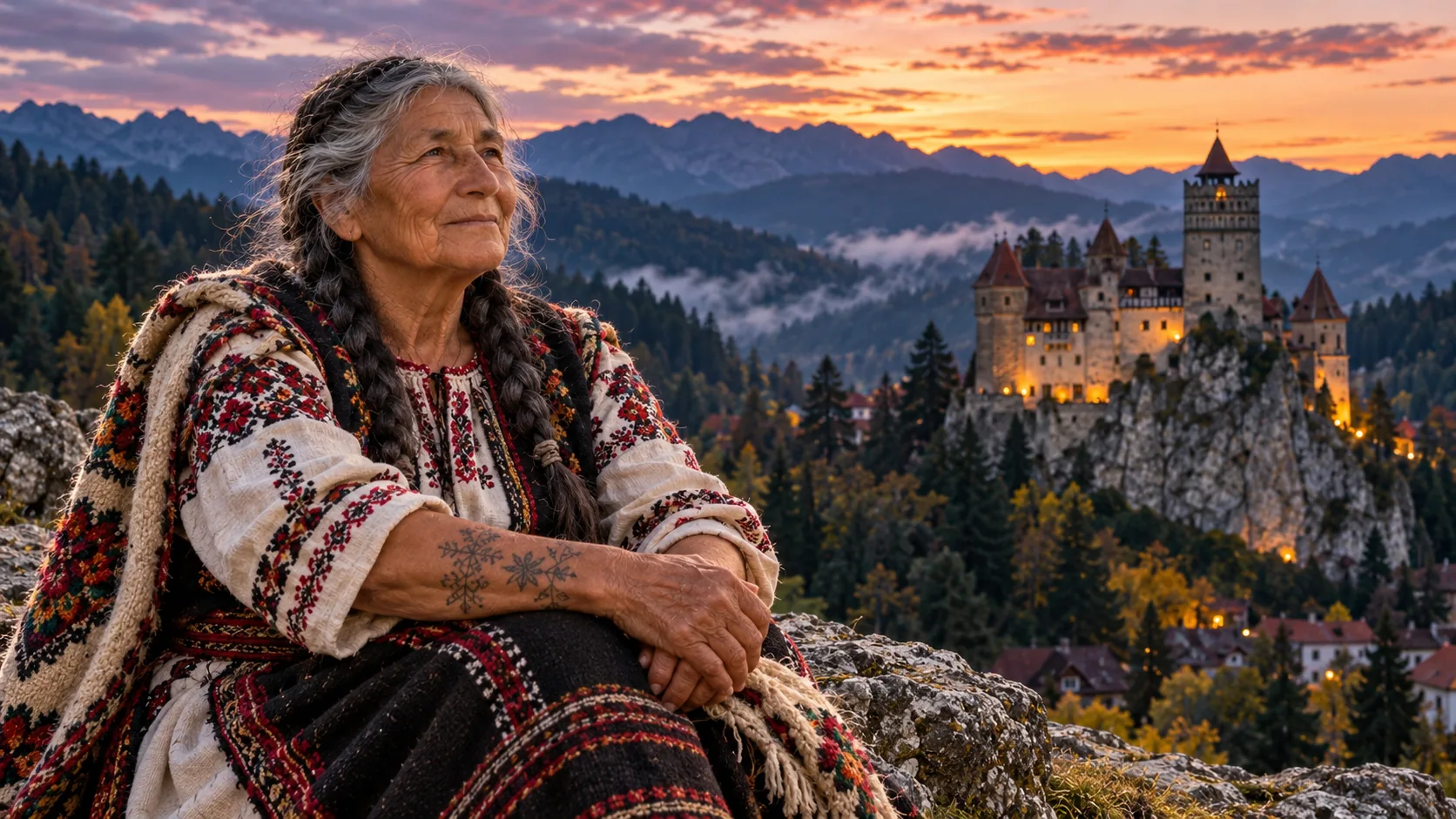 Une femme âgée en blouse brodée devant un château dans la forêt, au crépuscule