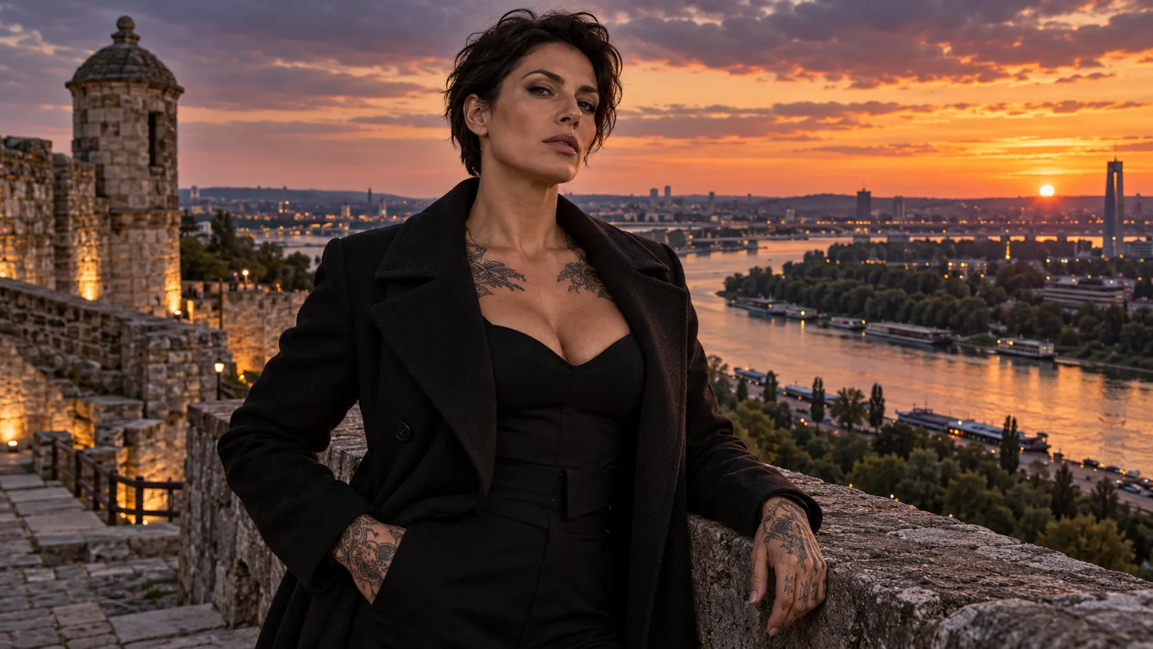 Une femme tatouée en manteau noir devant les remparts de Belgrade et le fleuve, au coucher du soleil