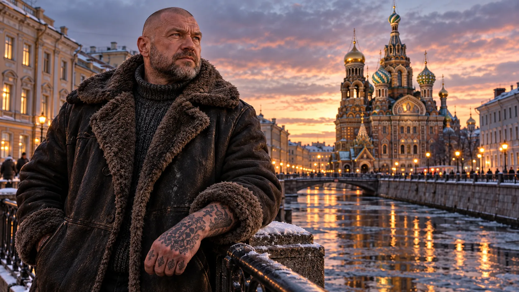 Un homme tatoué en manteau de fourrure devant l'église du Sauveur-sur-le-Sang-Versé à Saint-Pétersbourg