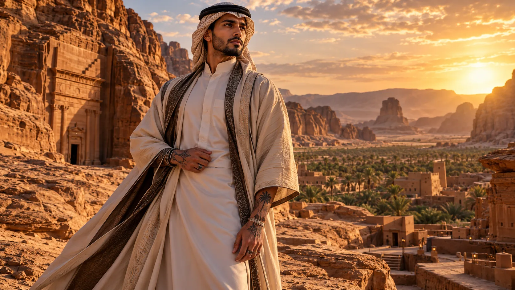 A man in traditional dress in front of rock-cut tombs at sunset