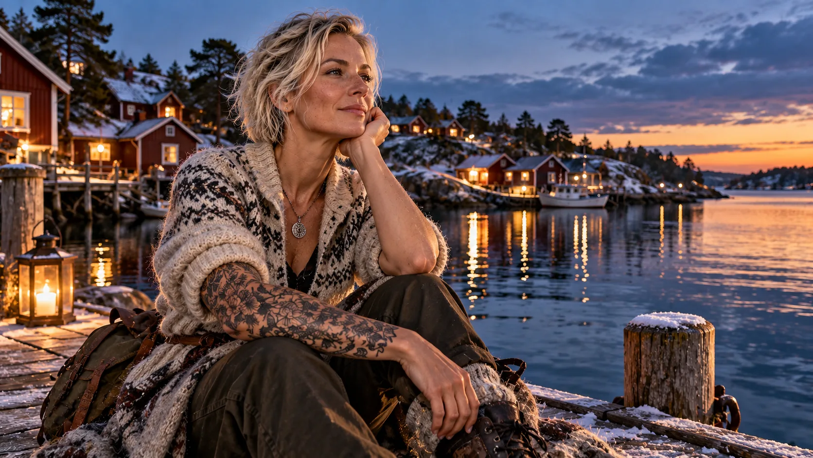 Une femme tatouée en pull nordique devant des maisons rouges et un fjord, au crépuscule