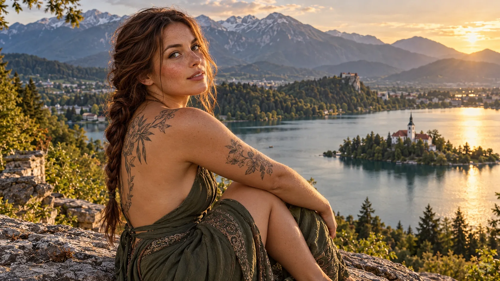 A tattooed woman sitting in front of Lake Bled and its island