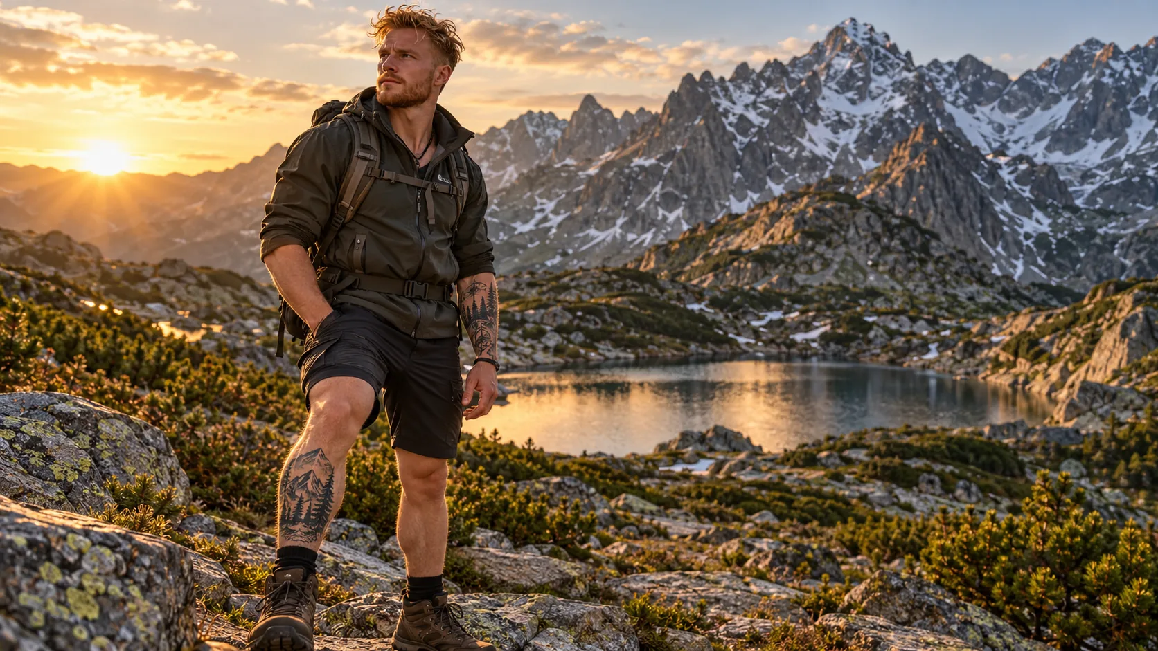 A tattooed hiker in front of a mountain lake and the Tatras