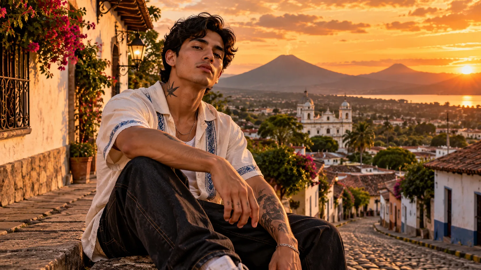 Un homme tatoué assis dans une rue pavée devant un volcan et une église, au coucher du soleil