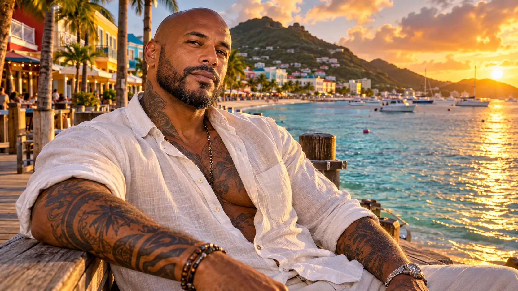 Un homme tatoué assis en chemise blanche face à une baie turquoise, au coucher du soleil