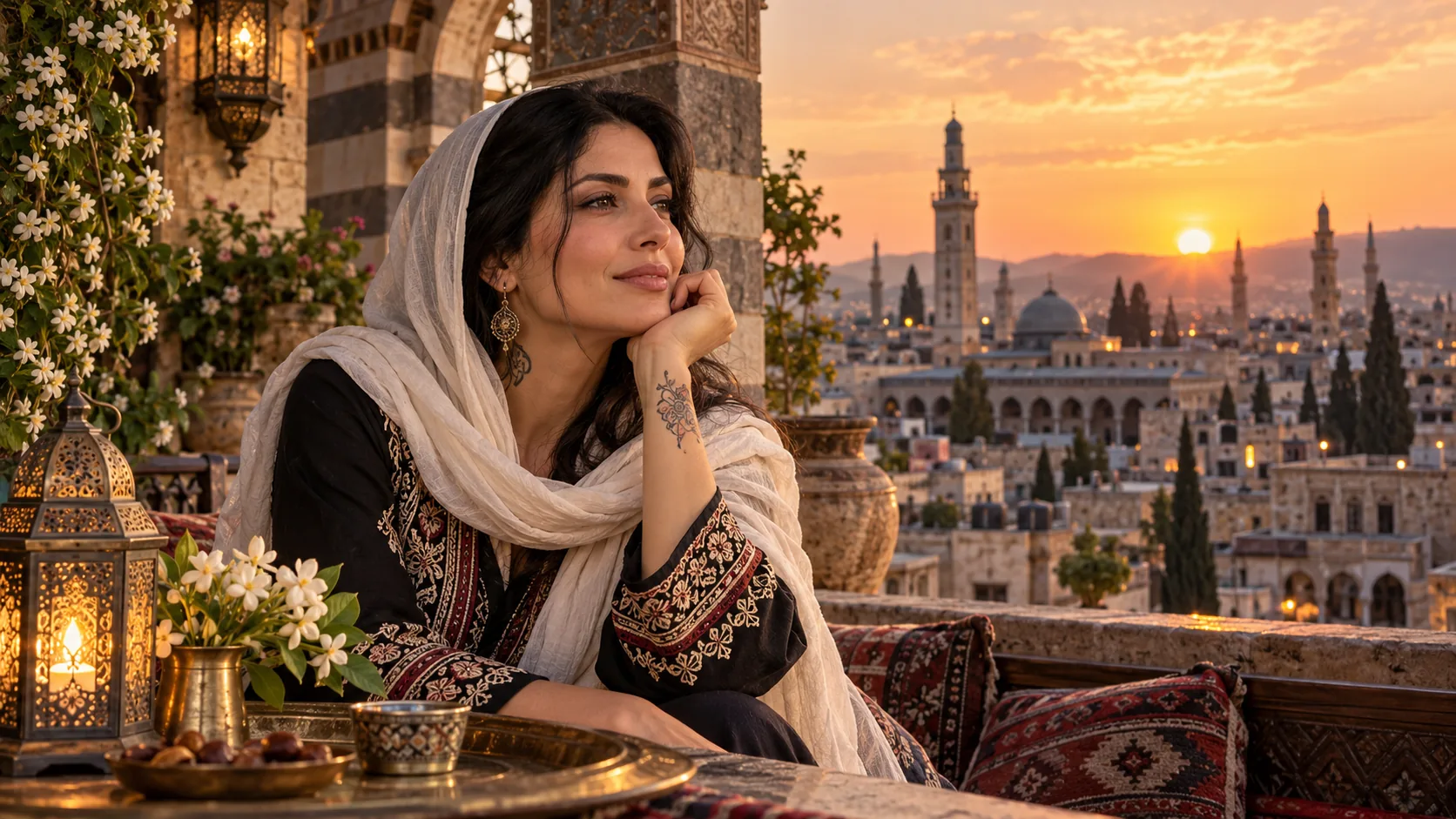 Une femme voilée de blanc devant une vieille ville et ses minarets, au coucher du soleil