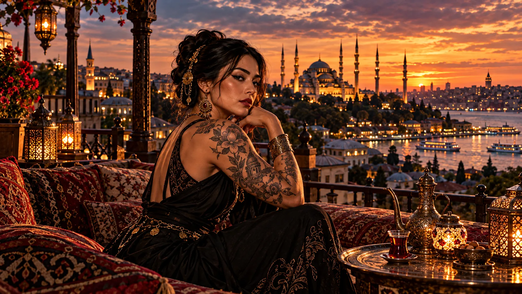 A tattooed woman on a terrace in front of Istanbul, its mosques and the Bosphorus at sunset