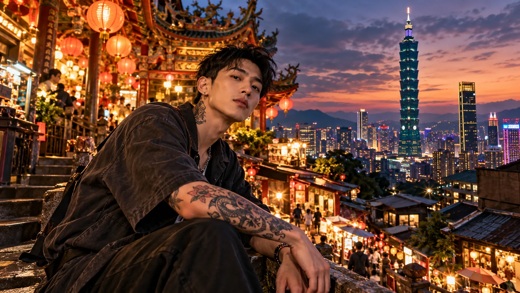 Un homme tatoué assis dans une rue en escalier devant Taipei 101, au crépuscule