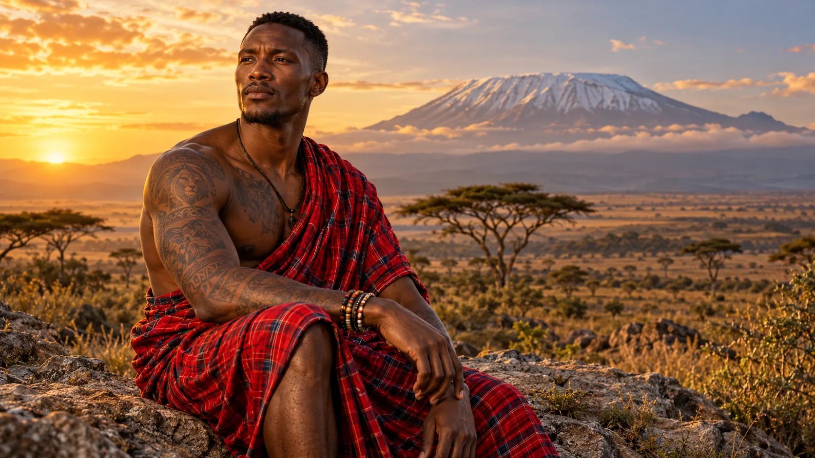 Un homme tatoué en shuka rouge devant la savane et le Kilimandjaro, au coucher du soleil