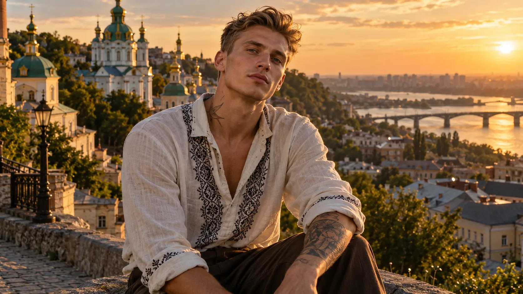 Un homme blond en chemise brodée devant les églises à dômes de Kyiv et le Dniepr