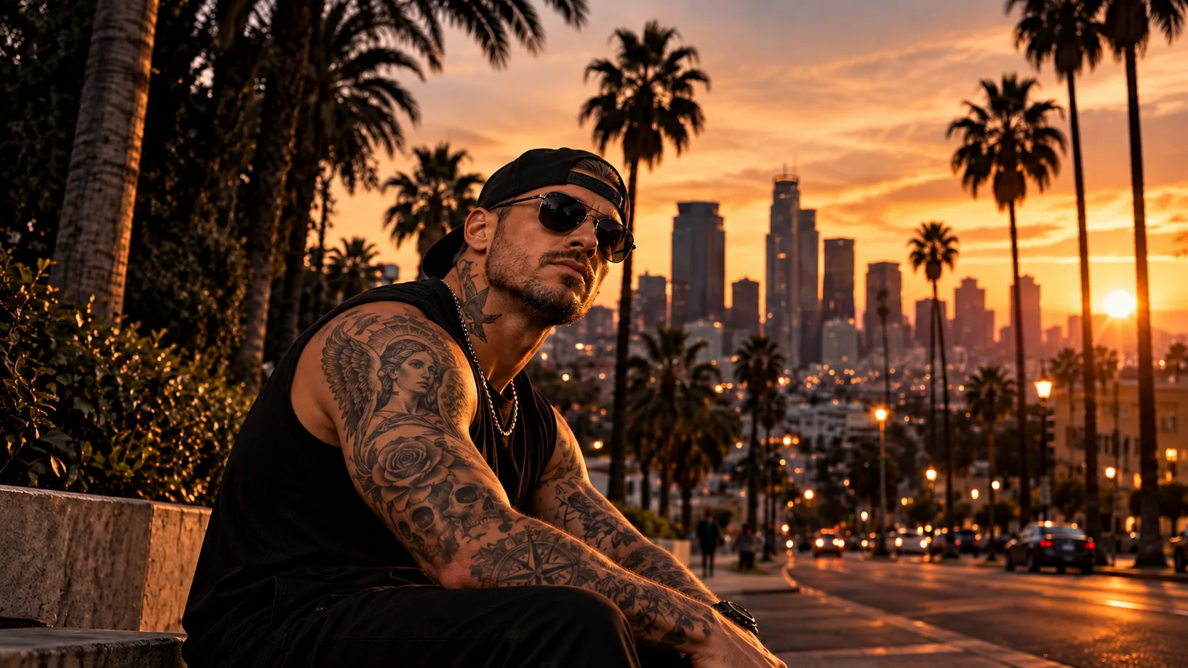 Un homme tatoué à lunettes de soleil et casquette, assis devant des palmiers et la skyline de Los Angeles au coucher du soleil