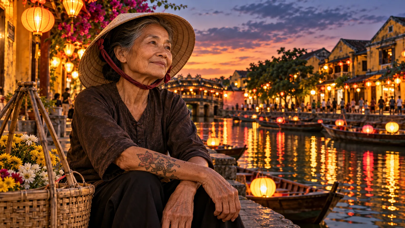 Une femme âgée au chapeau conique devant le vieux quartier de Hội An et ses lanternes