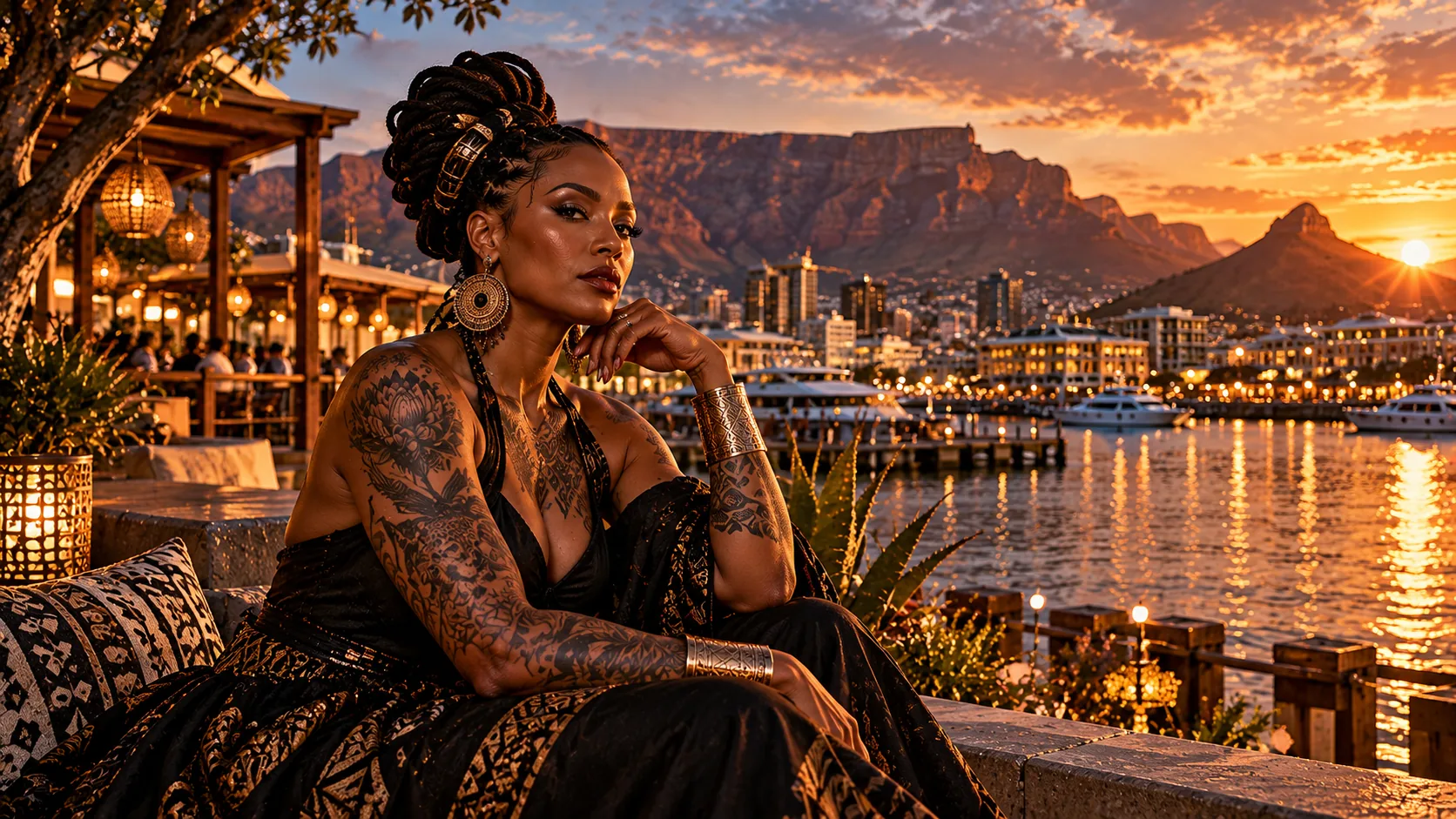 Une femme tatouée assise devant la montagne de la Table et le port du Cap, au coucher du soleil