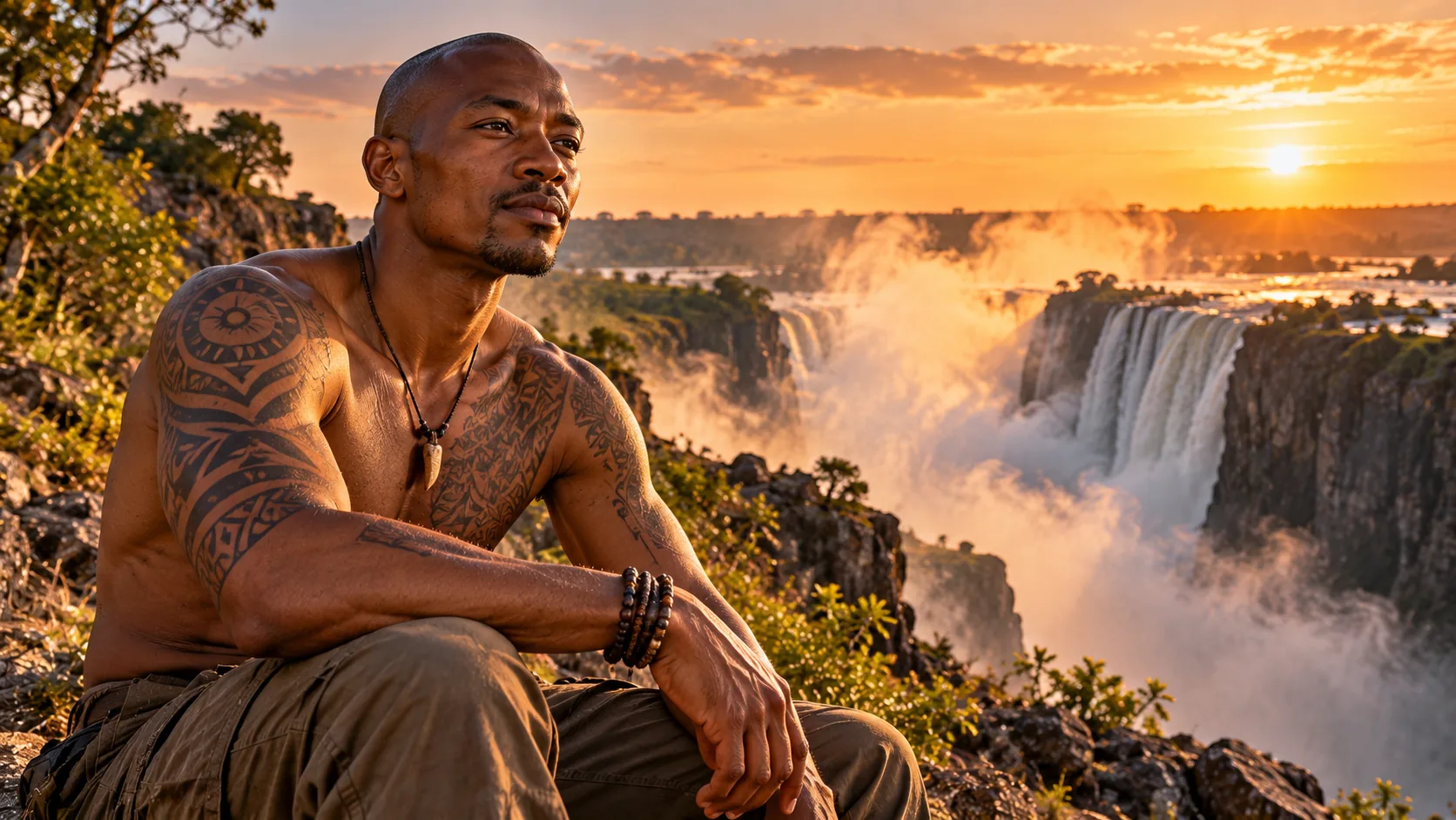 Un homme tatoué torse nu, assis devant les chutes Victoria, au coucher du soleil